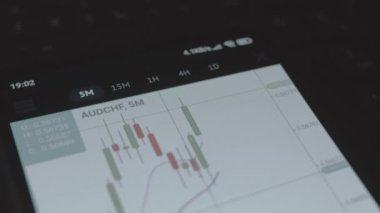 Tüccar yatırımcı analisti cep telefonu uygulaması kullanıyor. Finansal borsa analizleri. Yatırımcı histogram ticaret verilerini analiz ediyor. Makro görünüm