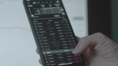 Ticari yatırımcı analisti cep telefonu uygulaması ve bilgisayar kullanıyor. Kripto para birimi finansal borsası analizleri. Yatırımcı para birimi ve kripto para birimi fiyat indeksi listesini analiz ediyor