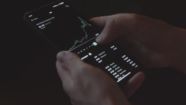 交易者投资者分析师使用手机应用程序 金融市场的分析 投资者分析图例交易数据 — 图库视频影像