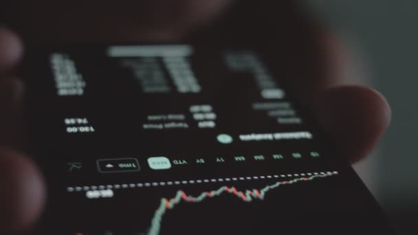 携帯電話アプリを使用したトレーダー投資家アナリスト 金融株式市場のための分析 グラフ取引データを分析する投資家 — ストック動画
