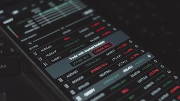 携帯電話アプリを使用したトレーダー投資家アナリスト 仮想通貨金融株式市場のための分析 投資家は 通貨と仮想通貨の価格指数の一覧を分析しています マクロビュー — ストック動画