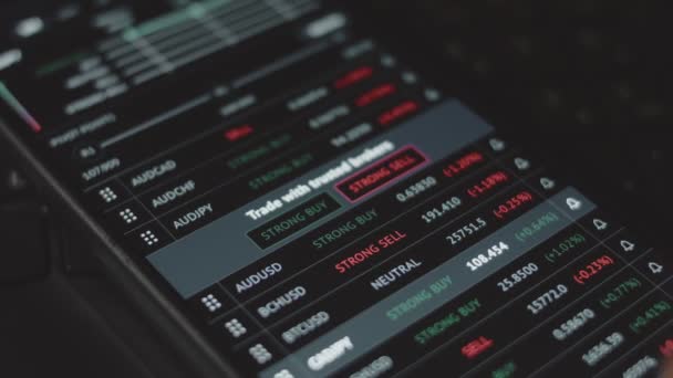携帯電話アプリを使用したトレーダー投資家アナリスト 仮想通貨金融株式市場のための分析 投資家は 通貨と仮想通貨の価格指数の一覧を分析しています マクロビュー — ストック動画