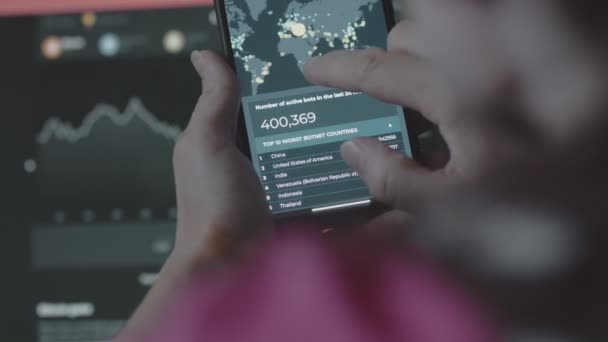 Cyberaanval Cyberbeveiliging Globaal Netwerkconcept Wereldkaart Mobiele Telefoon Toont Cyberaanval Hele — Stockvideo