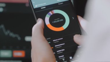 Akıllı para yönetimi. Bütçeyi izlemek için teknolojiyi kullanmak. Hesaplarını yapmak için cep telefonu kullanan biri. Aylık gelir hesaplanıyor