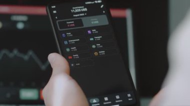 Akıllı para yönetimi. Bütçeyi izlemek için teknolojiyi kullanmak. Hesaplarını yapmak için cep telefonu kullanan biri. Harcamalar için istatistikler