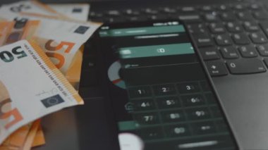 Akıllı para yönetimi. Bütçeyi izlemek için teknolojiyi kullanmak. Hesaplarını yapmak için cep telefonu kullanan biri. Gelir tasarrufu kategorisi hakkında bilgi ekleniyor