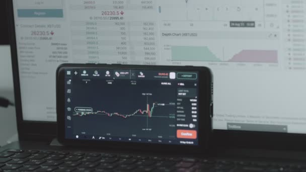 Анализ Финансового Фондового Рынка Обменного Курса Экране Мобильного Телефона Компьютере — стоковое видео