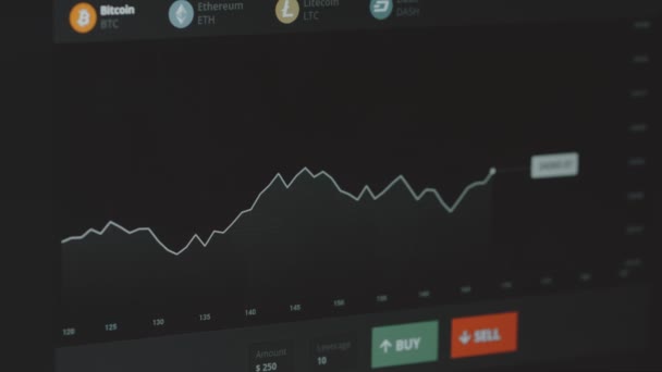 在电脑屏幕上分析加密货币市场和汇率 图表显示价格指数的增长和下降 投资概念 — 图库视频影像