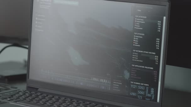 컴퓨터 화면의 세계지도와 글로벌 사이버 사이버 공격으로 인터넷 네트워크 온라인 — 비디오