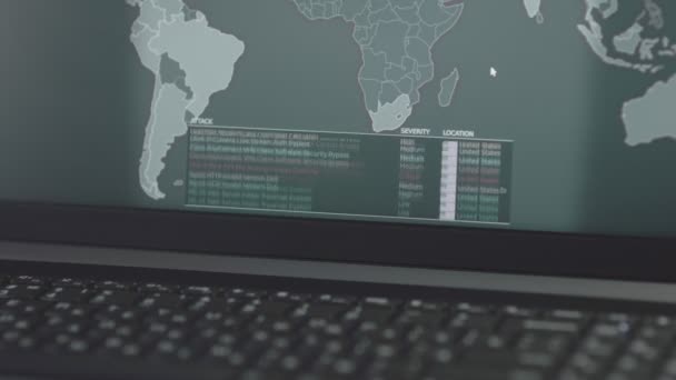 Globalt Cyberangrep Med Verdenskart Dataskjermen Nettverkskommunikasjon Cyberangrep Liste Angrep Verdensomspennende – stockvideo