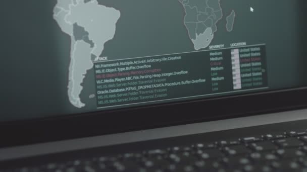 Глобальная Кибератака Картой Мира Экране Компьютера Интернет Связь Кибератакой Список — стоковое видео