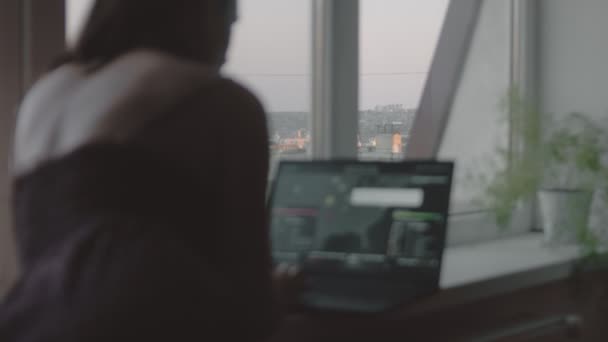 Küresel Siber Saldırı Bilgisayar Ekranında Dünya Haritasına Bakan Bir Kadın — Stok video