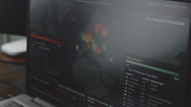Globális Kibertámadás Világtérképpel Képernyőn Internetes Hálózati Kommunikáció Kibertámadás Alatt Világszerte — Stock videók