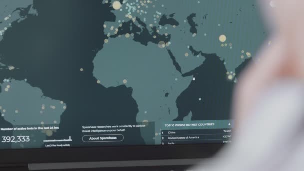 Globalt Cyberangrep Med Verdenskart Dataskjermen Asia Kartet Nettverkskommunikasjon Cyberangrep Verdensomspennende – stockvideo