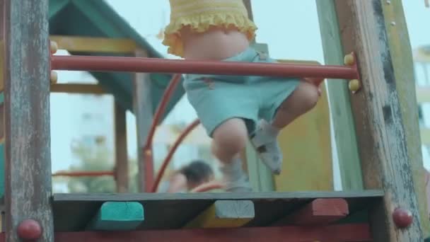快乐地微笑着 蹒跚学步的小女孩爬着 挂在操场上的小房子里 — 图库视频影像