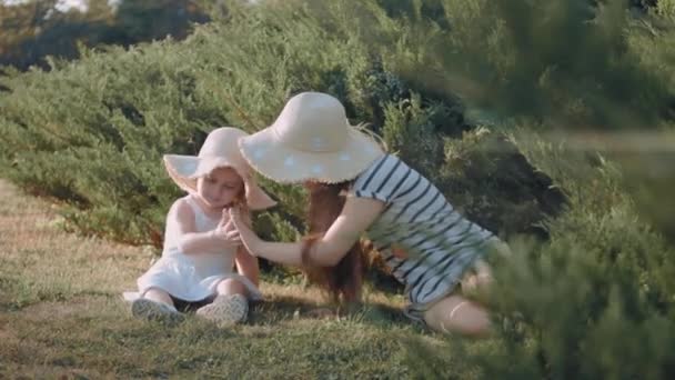 Mooie Meisjes Met Zonnehoedjes Ontspannend Spelend Het Gras Het Park — Stockvideo
