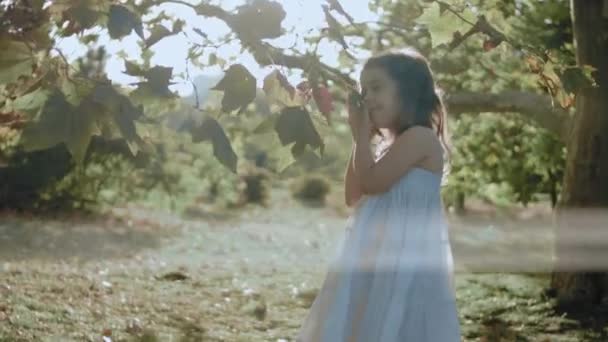 Csinos Kislány Nyári Ruhában Mosolyog Egy Levelet Tart Egy Fáról — Stock videók