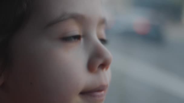 Şirin Küçük Bir Kızın Otobüsle Gezintiden Zevk Almasına Yakın Çekim — Stok video