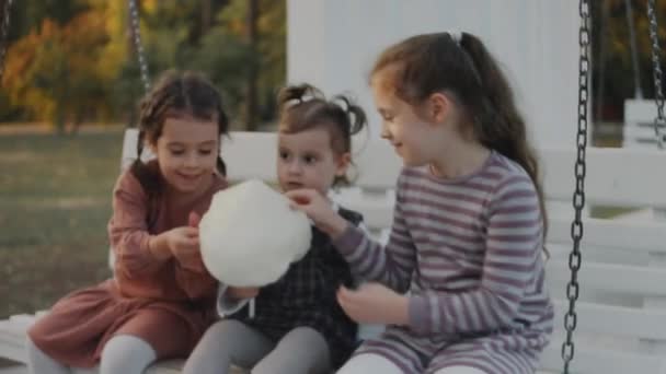Три Маленькие Девочки Веселятся Белых Качелях Тихом Парке Покрытом Деревьями — стоковое видео