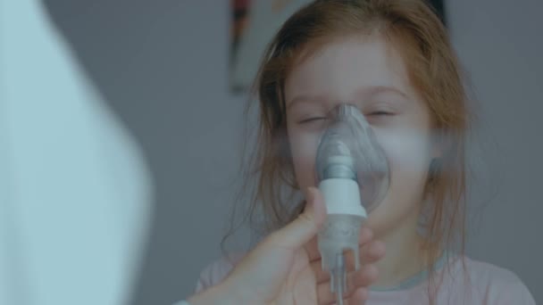 Caring Mother Holding Respiratory Mask Little Girls Face Treat Sickness — Stock Video