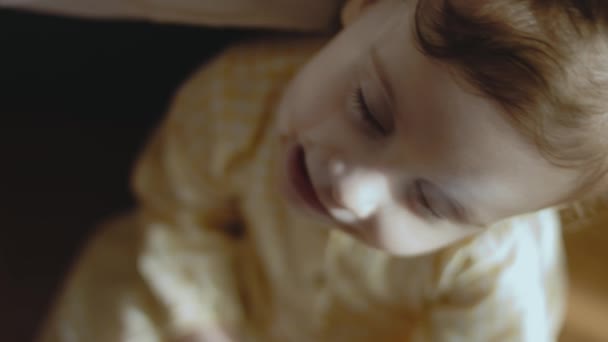Glückliche Blonde Kleinkind Mädchen Lächelt Und Schaut Die Kamera — Stockvideo