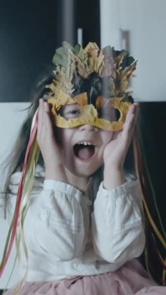 Little Girl Autumn Leaf Mask Closing Ears Her Hands Screaming — Stock Video