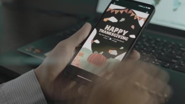 Happy Thanksgiving Inscription Smartphone Designer Making Greeting Card Design Mobile — Stock Video
