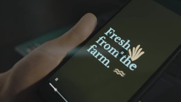 Fresh Farm Inscription Smartphone Designer Making Advertisement Design Mobile App — Stock Video