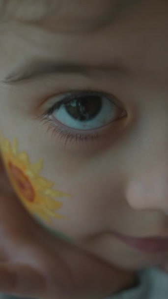 Yüzünde Ayçiçeği Resmi Olan Mutlu Küçük Kız Tarım Kavramı — Stok video