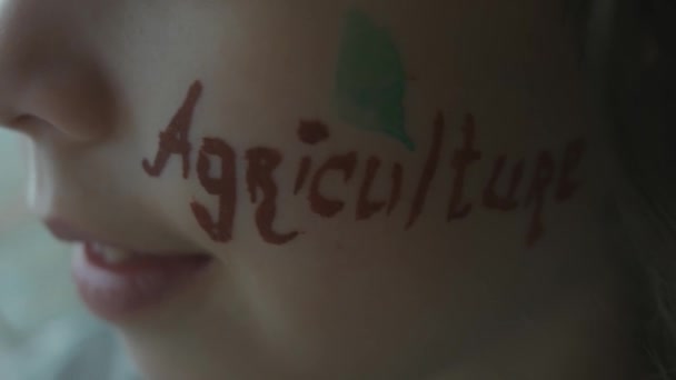 快乐的小女孩 脸上挂着葵花画和农业题词 农业概念 — 图库视频影像