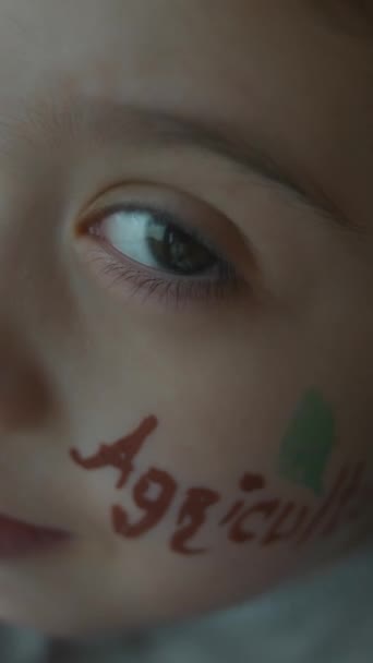 彼女の顔にサンフラワーを描いたハッピーな少女 農業コンセプト — ストック動画