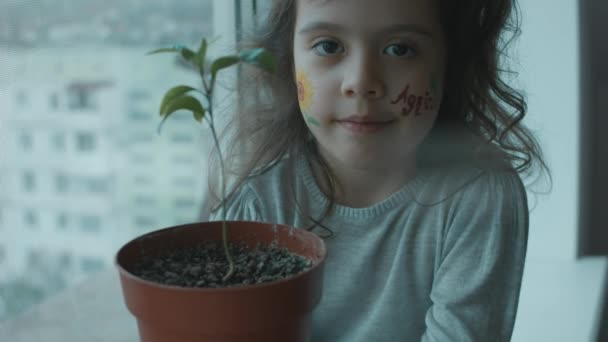 彼女の顔にサンフラワーデッサンと農業の碑文が付いている幸せな少女 アボカドを鍋に入れました 農業コンセプト — ストック動画
