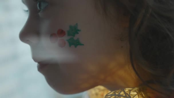 Allegro Innocente Bambina Con Natale Pittura Tema Sul Viso Bacche — Video Stock