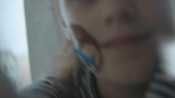 Fröhliches Kleines Mädchen Mit Internationaler Luftfrachtmalerei Gesicht Selbstschießen Fracht Und — Stockvideo
