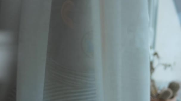 Серьезную Маленькую Девочку Картиной Международного Воздушного Судоходства Лице Прячется Занавеской — стоковое видео