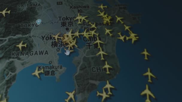 Aviões Line Rastreamento Mapa Global Tela Computador Tóquio Japão Conceito — Vídeo de Stock