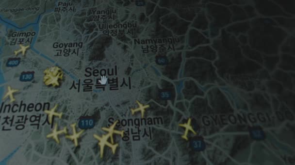 Repülőgépek Online Nyomkövetés Globális Térképen Számítógép Képernyőjén Szöul Dél Korea — Stock videók