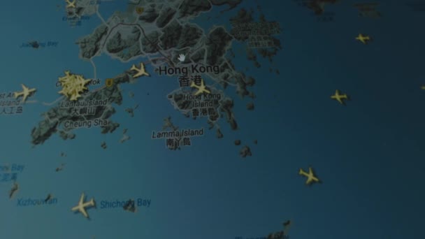 Flygplan Online Spårning Global Karta Datorskärmen Hongkong Kina Koncept För — Stockvideo