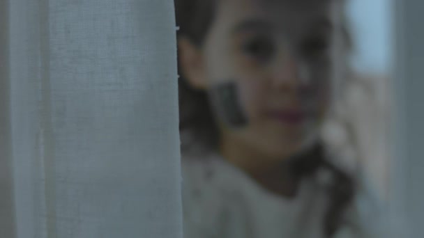 Yüzünde Bilgisayar Fanı Resmi Olan Neşeli Küçük Bir Kız Bilgisayarlar — Stok video