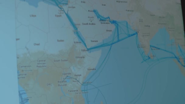 Cabos Internet Subaquáticos Mapa Mundo Mar Arábico Canal Suez — Vídeo de Stock