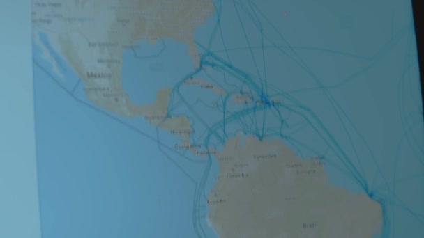 Υποβρύχια Καλώδια Internet Στον Παγκόσμιο Χάρτη Βόρειος Ατλαντικός Ωκεανός — Αρχείο Βίντεο