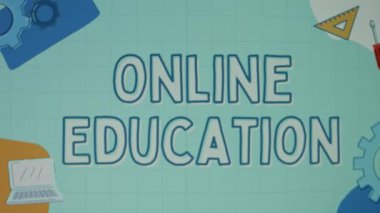 Animasyon mavi arkaplan üzerine çevrimiçi eğitim yazıları. Eğitim konsepti. Bulanık.