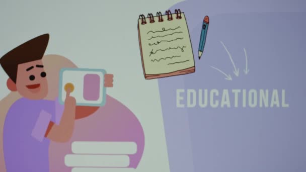 白と紫の背景に関するオンライン教育の碑文 E研究のシンボルとしてタブレットにスワイプする男の子のイラスト 教育コンセプト ブレイブレッド — ストック動画