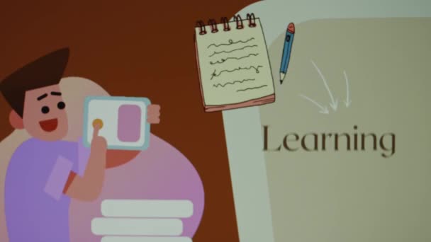 Tanulási Erőforrások Felirat Barna Tojáshéj Színű Háttér Illusztráció Egy Fiúról — Stock videók