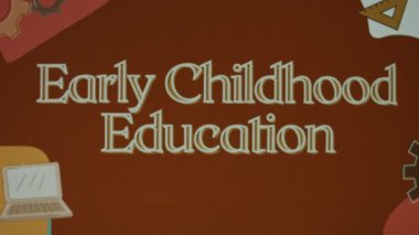 Kahverengi karatahta arkaplanda illüstrasyonlu erken çocukluk eğitimi yazıları. Eğitim konsepti. Bulanık.