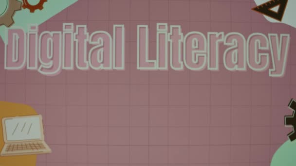带齿轮和笔记本插图的动画粉色背景上的数字读写字母 教育概念 模糊的 — 图库视频影像