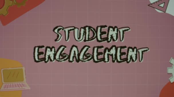 Student Zásnubní Nápis Animovaném Růžovém Pozadí Ozubenými Koly Ilustracemi Notebooku — Stock video