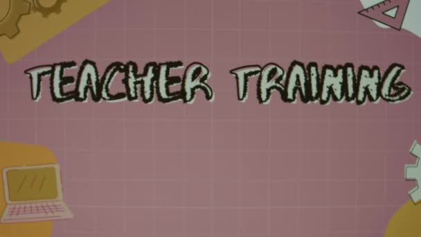 教师在动画粉色背景上的训练题词 齿轮和笔记本插图 教育概念 模糊的 — 图库视频影像
