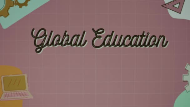 Παγκόσμια Εκπαιδευτική Επιγραφή Ροζ Φόντο Πίνακα Εικόνες Εργαλείων Υπολογιστή Και — Αρχείο Βίντεο