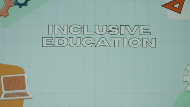 Inscripción Educativa Inclusiva Sobre Fondo Pizarra Azul Ilustraciones Engranajes Ordenador — Vídeos de Stock